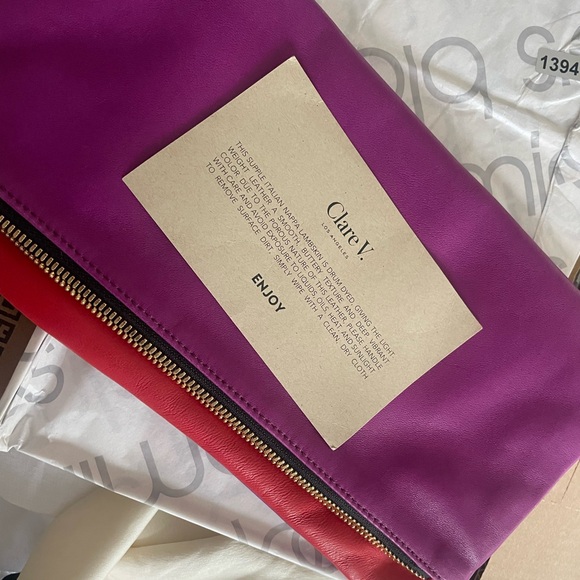 NEW Clare V Vivier Foldover Leather Clutch Bag Red & Ortensia - Picture 8 of 8